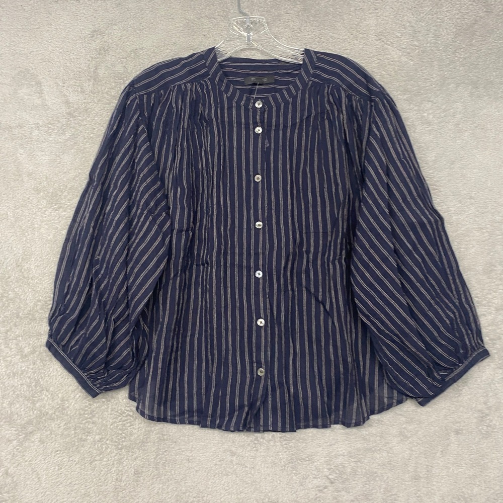 Madewell Top Womens XL Shirred Crewneck Button Up Dark Blue Red Stripe NZ423 - Picture 4 of 11